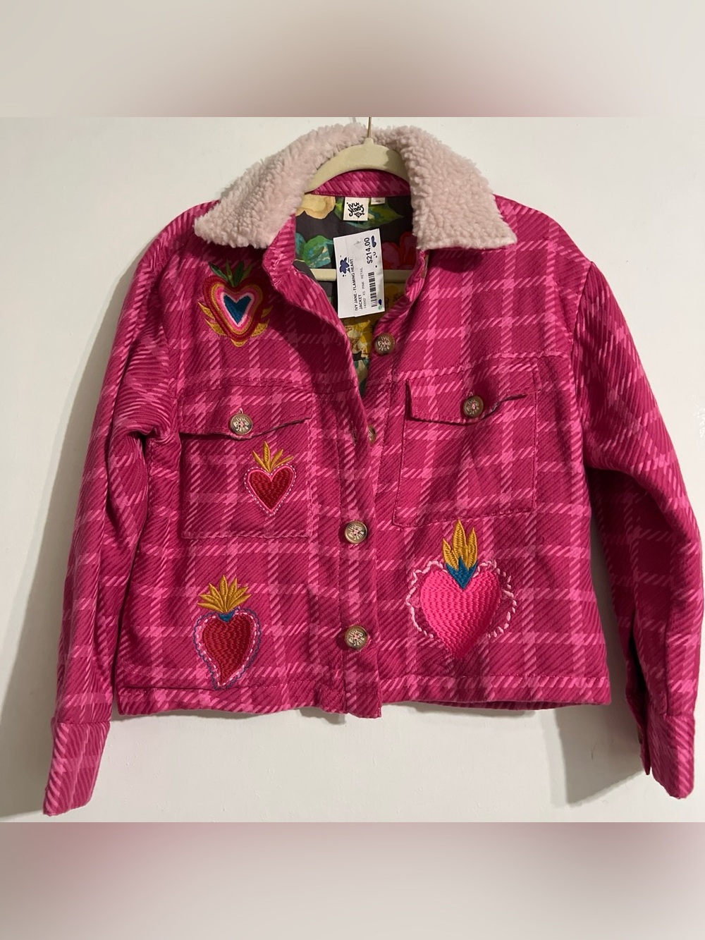 ivy jane Hot Pink Embroidered Heart Jean Jacket with Cream Sherpa Collar